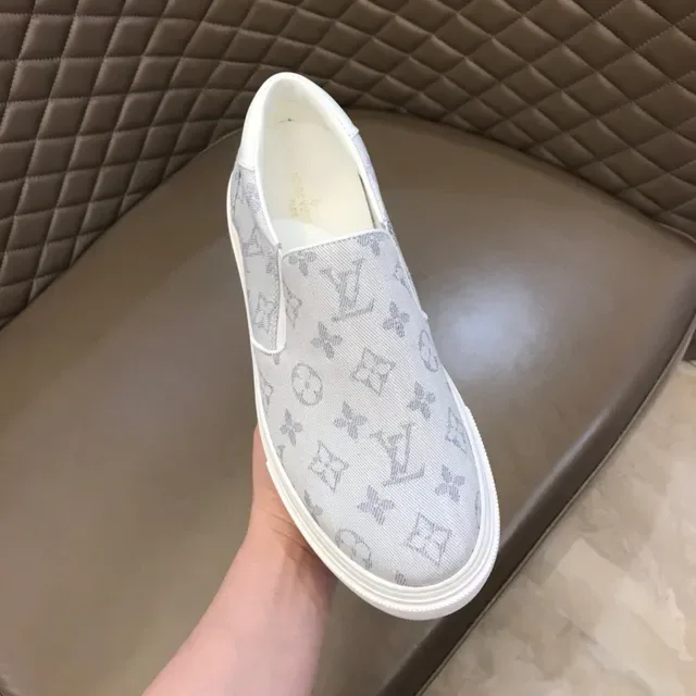 Louis Vuitton LV Trainer Beige White Slip-On Monogram Jacquard Canvas Basket Lifestyle 5