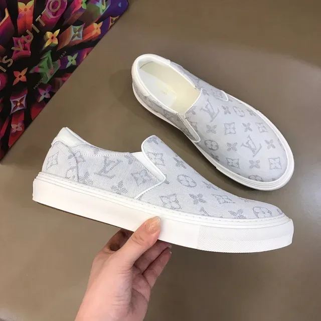 Louis Vuitton LV Trainer Beige White Slip-On Monogram Jacquard Canvas Basket Lifestyle 6