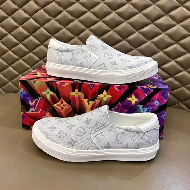 Louis Vuitton LV Trainer Beige White Slip-On Monogram Jacquard Canvas Basket Lifestyle 7