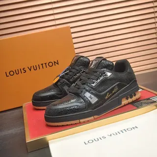 Louis Vuitton LV Trainer Negro Marrón Cuero Crackle Suela de Goma Sneakers Lifestyle