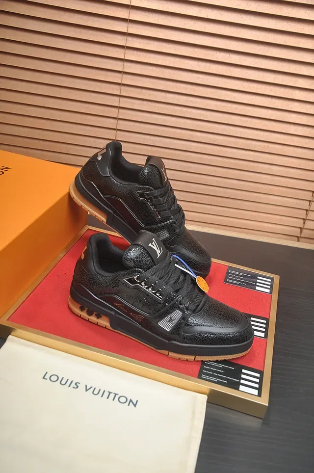 Louis Vuitton LV Trainer Black Brown Crackled Leather Gum Rubber Sole Lifestyle Sneakers 4