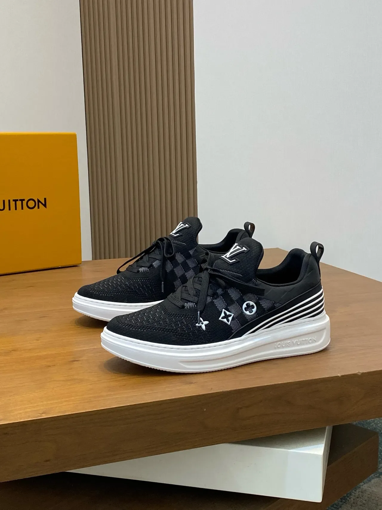 Louis Vuitton LV Trainer Black White Knit Upper Damier Check Panel Lifestyle Sneakers 4