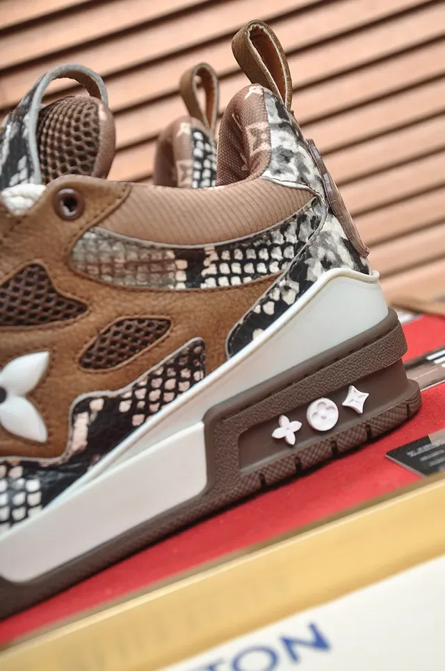 Louis Vuitton LV Trainer Brown Beige Mixed-Material Upper Snakeskin-Print Panels Lifestyle Sneakers 2