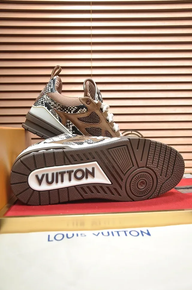 Louis Vuitton LV Trainer Brown Beige Mixed-Material Upper Snakeskin-Print Panels Lifestyle Sneakers 3
