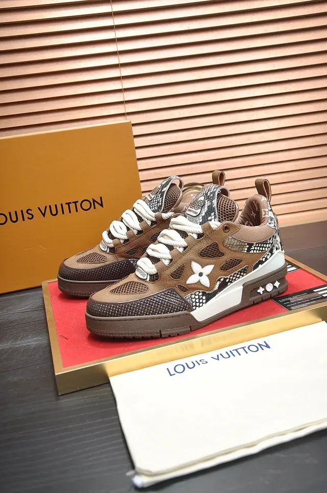 Louis Vuitton LV Trainer Brown Beige Mixed-Material Upper Snakeskin-Print Panels Lifestyle Sneakers 4
