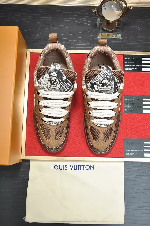 Louis Vuitton LV Trainer Brown Beige Mixed-Material Upper Snakeskin-Print Panels Lifestyle Sneakers 5