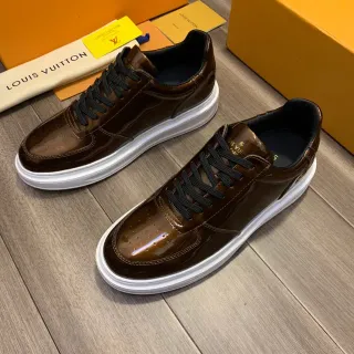 Louis Vuitton LV Trainer Marrón Negro Cuero Patentado Brillante Superior Tapa de Dedo Perforada Zapatillas Lifestyle