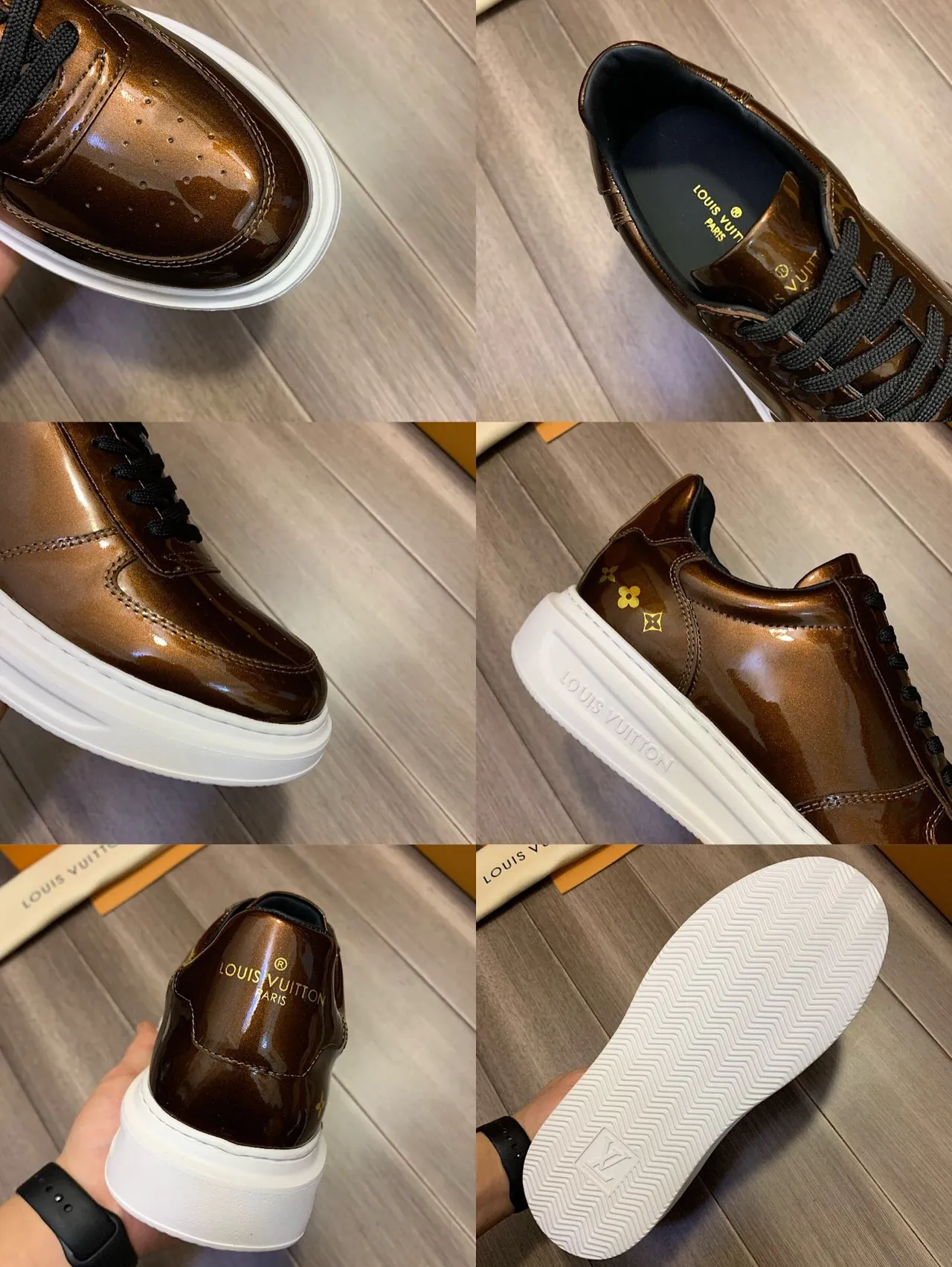 Louis Vuitton LV Trainer Brown Black Glossy Patent Leather Upper Perforated Toe Cap Lifestyle Sneakers 2