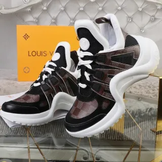 Louis Vuitton LV Tênis Marrom Preto Sola Esculpida Monograma Lona Tiras Tênis Chunky
