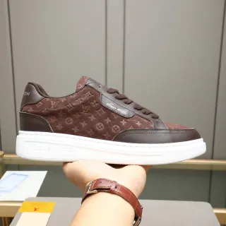 Louis Vuitton LV Trainer Marrom Branco Monogramma Camurça Parte Superior Couro Overlays Lifestyle Sneakers