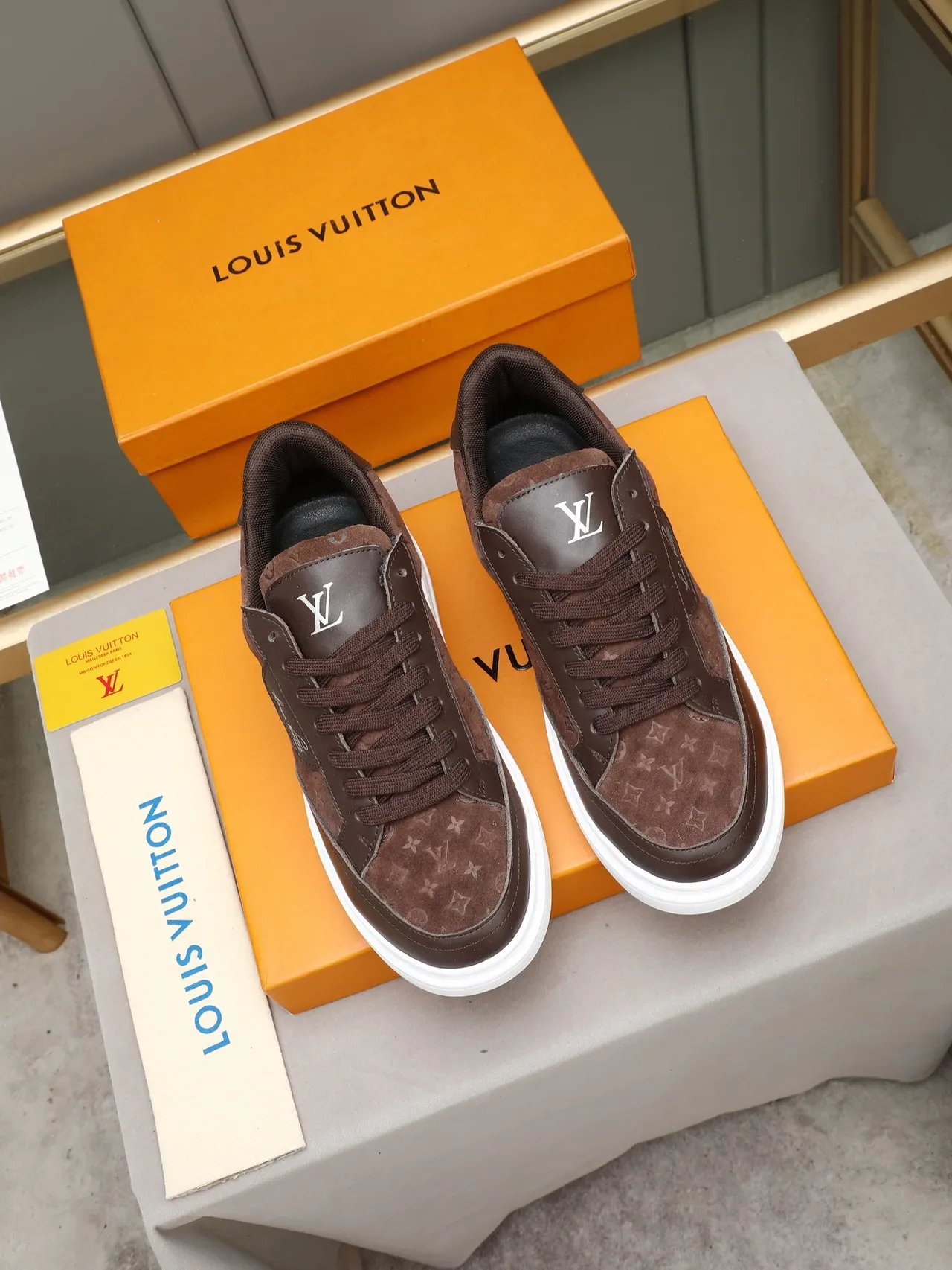 Louis Vuitton LV Trainer Brown White Monogram Suede Upper Leather Overlays Lifestyle Sneakers 3