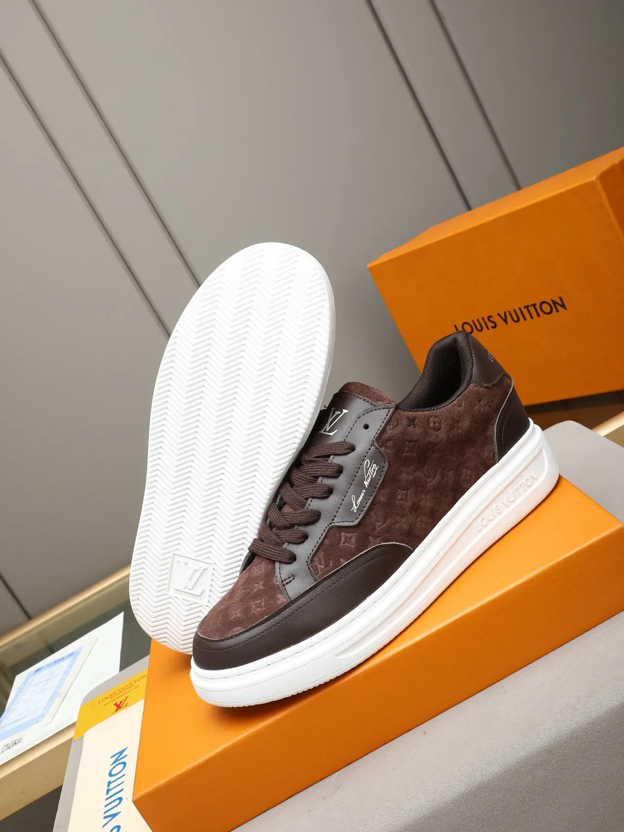 Louis Vuitton LV Trainer Brown White Monogram Suede Upper Leather Overlays Lifestyle Sneakers 5