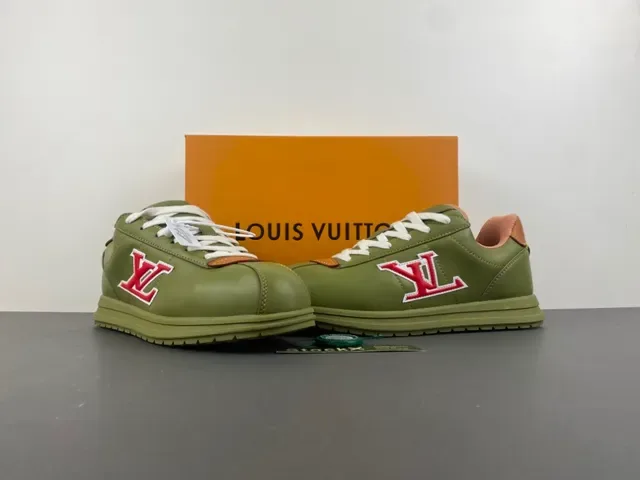 Louis Vuitton LV Trainer Green Beige Olive Leather Embroidered Monogram Lifestyle Sneakers 14