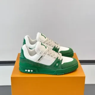 Louis Vuitton LV Trainer Verde Blanco Malla Capa Y Ante Suave Esculpido Suela Media Zapatillas Lifestyle
