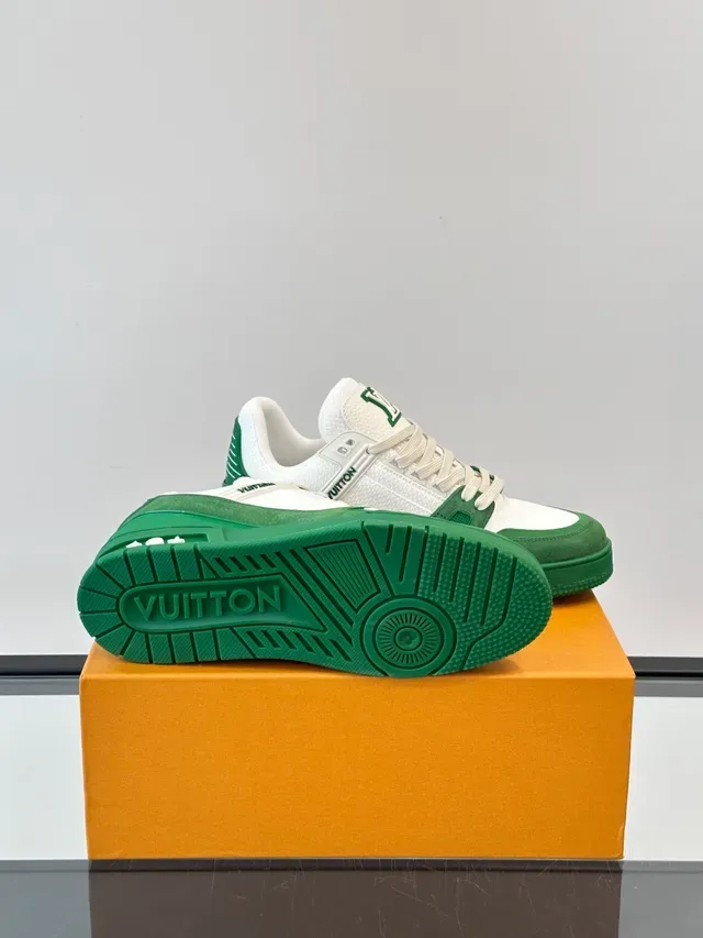 Louis Vuitton LV Trainer Green White Layered Mesh And Suede Sculpted Midsole Lifestyle Sneakers 2