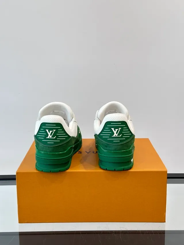 Louis Vuitton LV Trainer Green White Layered Mesh And Suede Sculpted Midsole Lifestyle Sneakers 3