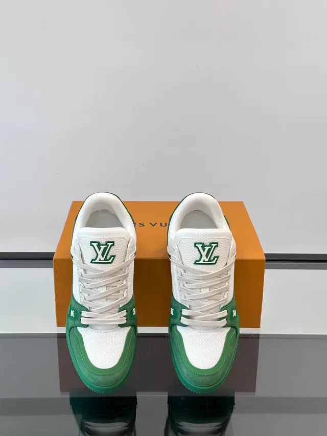 Louis Vuitton LV Trainer Green White Layered Mesh And Suede Sculpted Midsole Lifestyle Sneakers 4