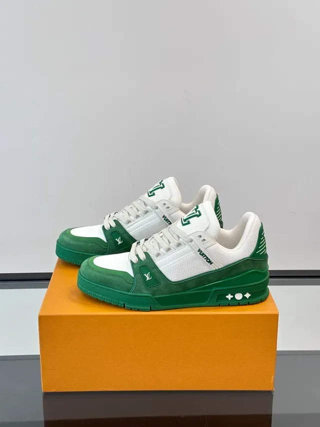 Louis Vuitton LV Trainer Green White Layered Mesh And Suede Sculpted Midsole Lifestyle Sneakers 5