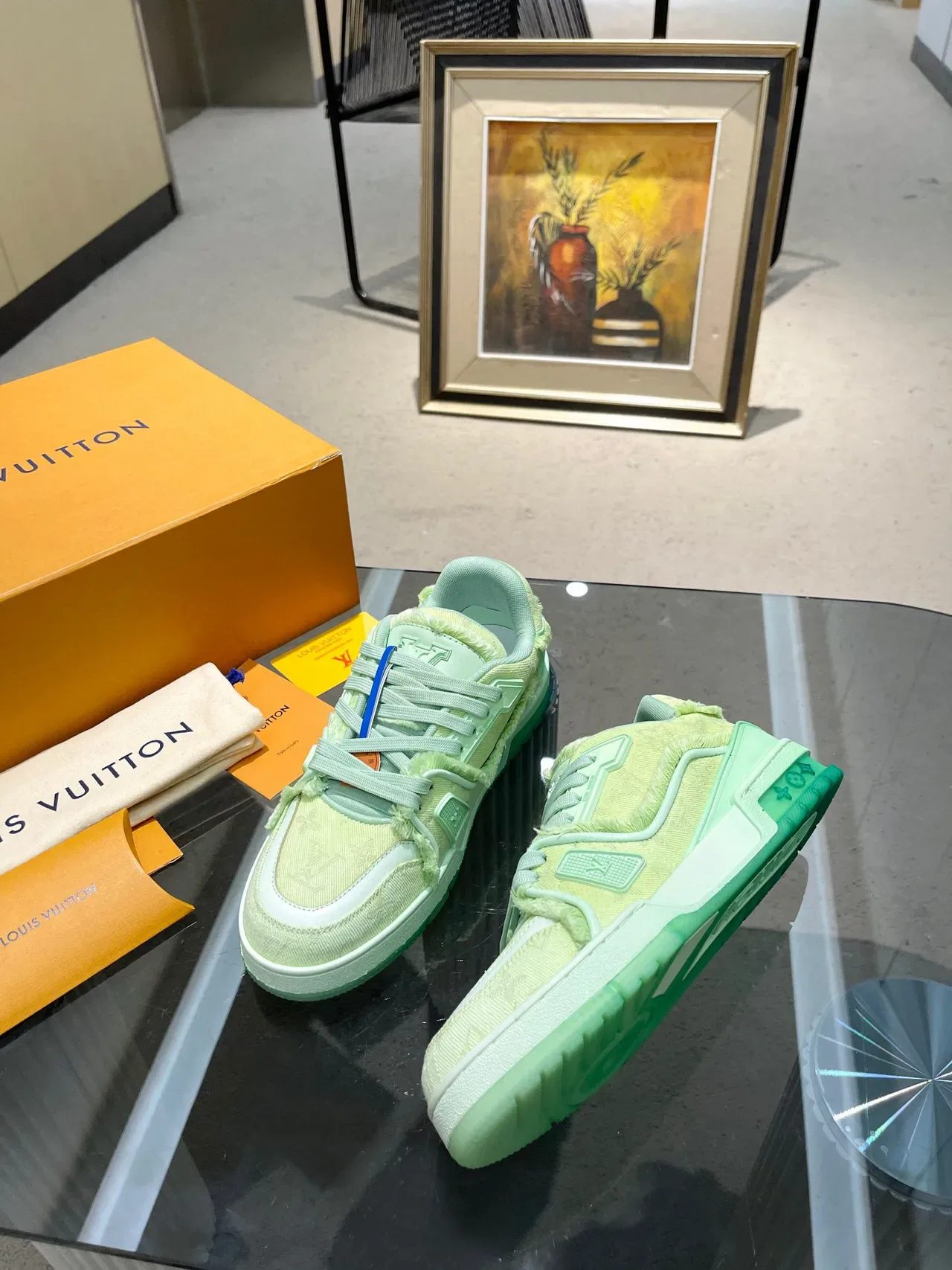 Louis Vuitton LV Trainer Green White Monogrammed Textile Frayed Edge Detailing Lifestyle Sneakers 2