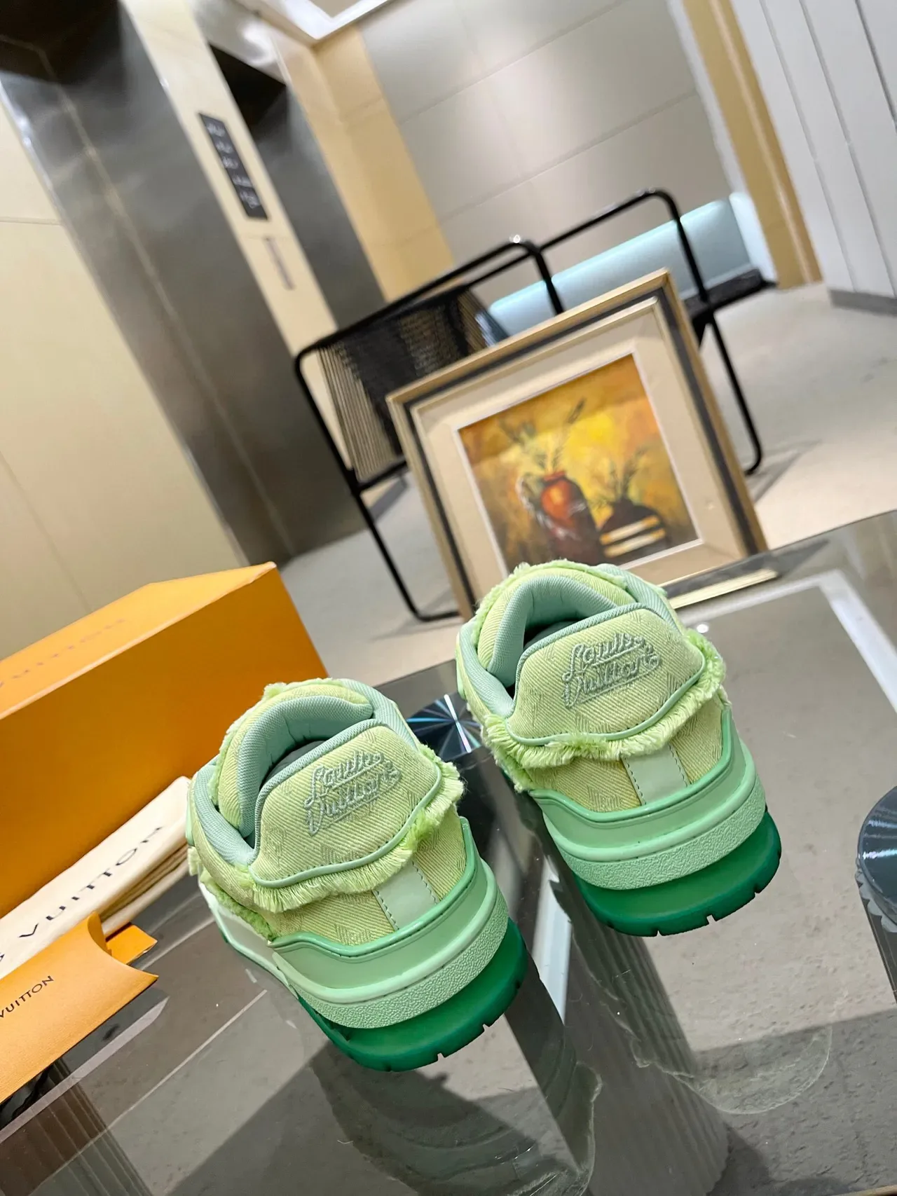Louis Vuitton LV Trainer Green White Monogrammed Textile Frayed Edge Detailing Lifestyle Sneakers 3