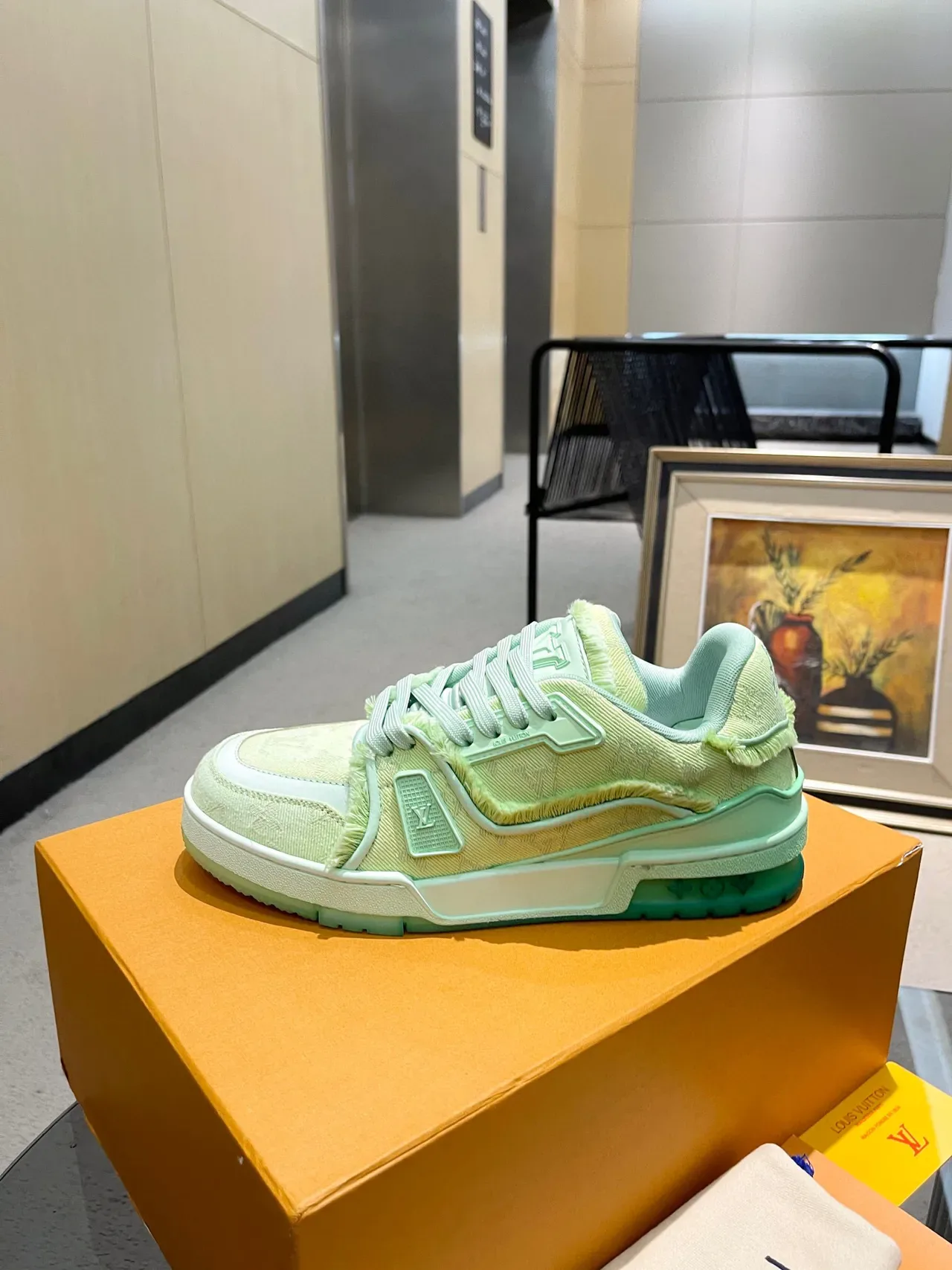 Louis Vuitton LV Trainer Green White Monogrammed Textile Frayed Edge Detailing Lifestyle Sneakers 5