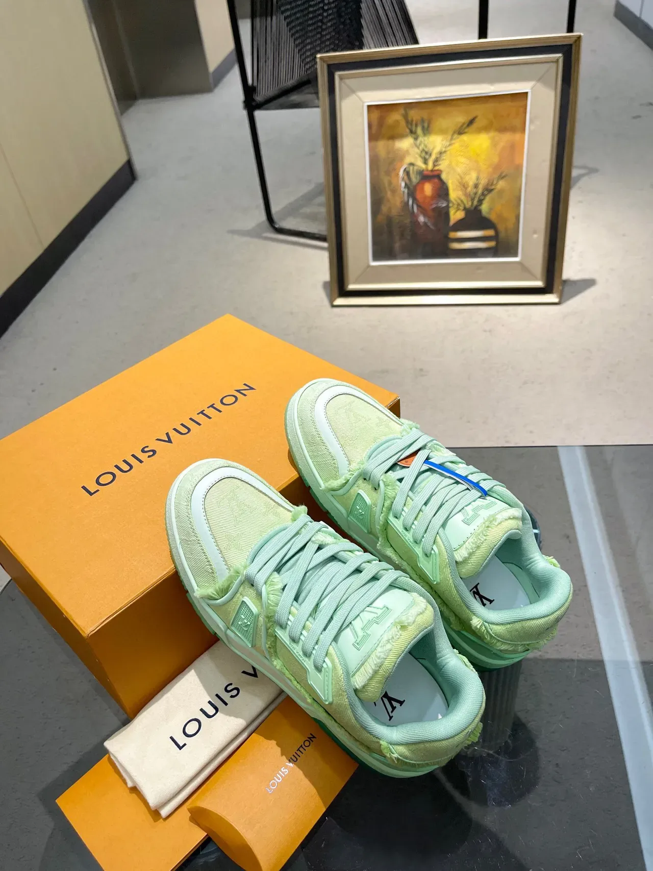 Louis Vuitton LV Trainer Green White Monogrammed Textile Frayed Edge Detailing Lifestyle Sneakers 6