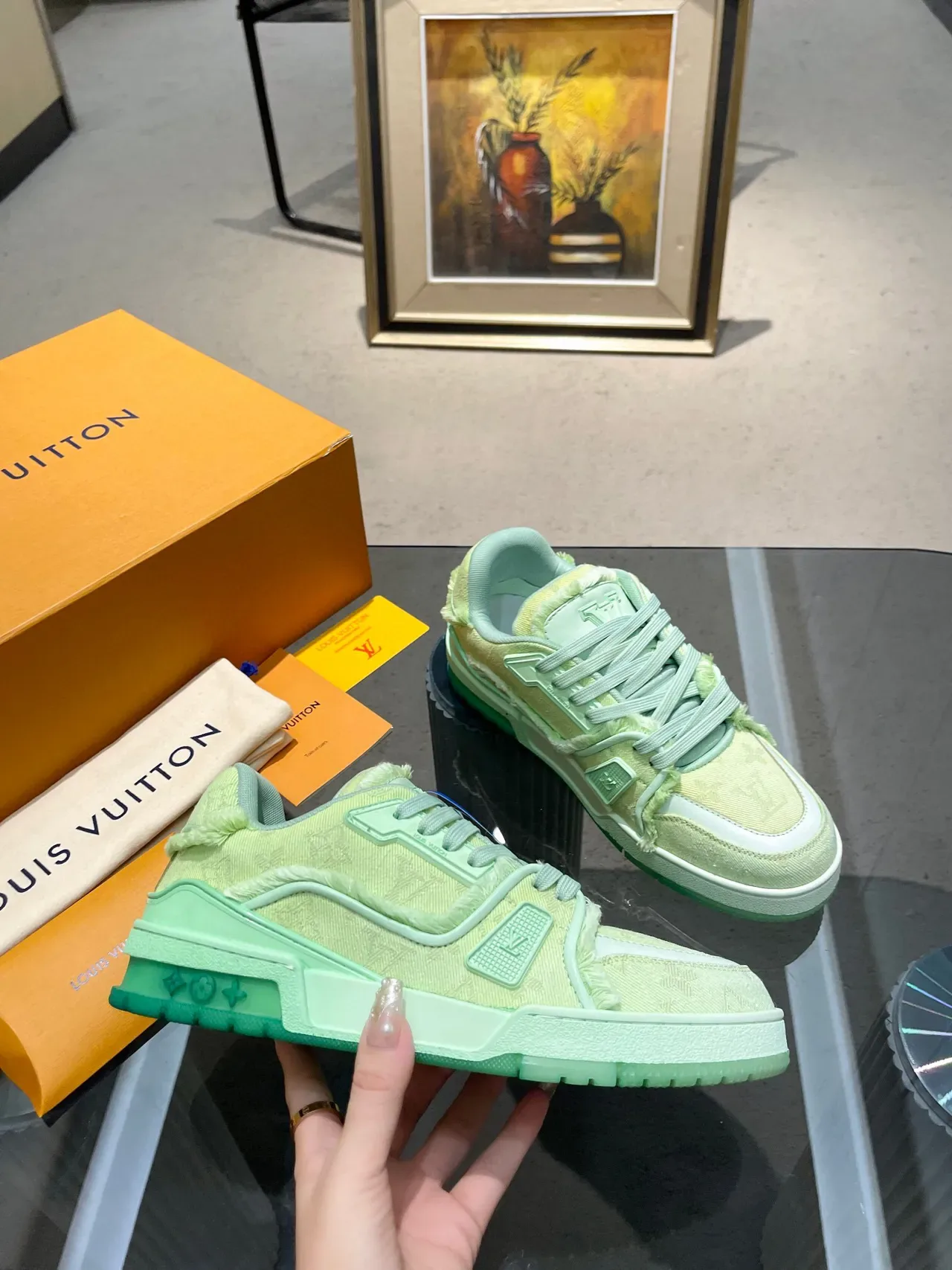 Louis Vuitton LV Trainer Green White Monogrammed Textile Frayed Edge Detailing Lifestyle Sneakers 8