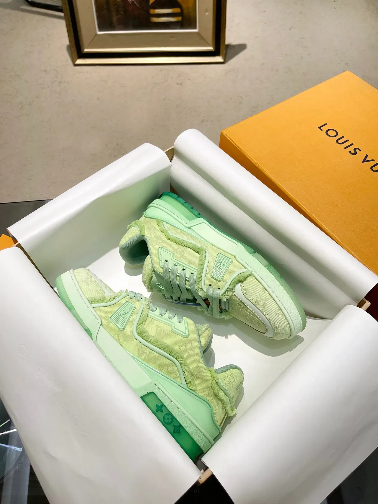 Louis Vuitton LV Trainer Green White Monogrammed Textile Frayed Edge Detailing Lifestyle Sneakers 9
