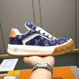 Louis Vuitton LV Trainer Navy Beige Monogram Canvas Layered White Midsole Lifestyle Sneakers