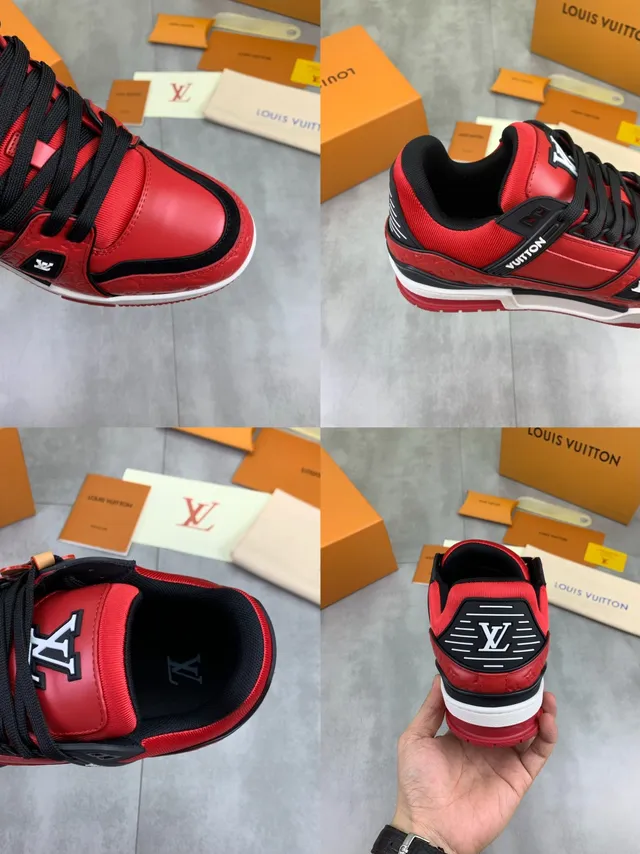Louis Vuitton LV Trainer Red Black Monogram-Embossed Leather Dual-Tone Midsole Lifestyle Sneakers 3
