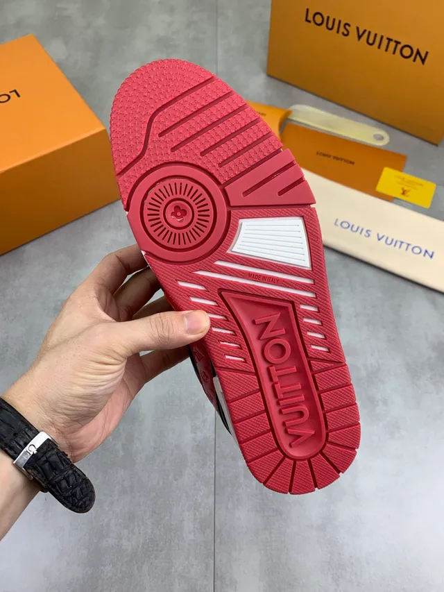 Louis Vuitton LV Trainer Red Black Monogram-Embossed Leather Dual-Tone Midsole Lifestyle Sneakers 4