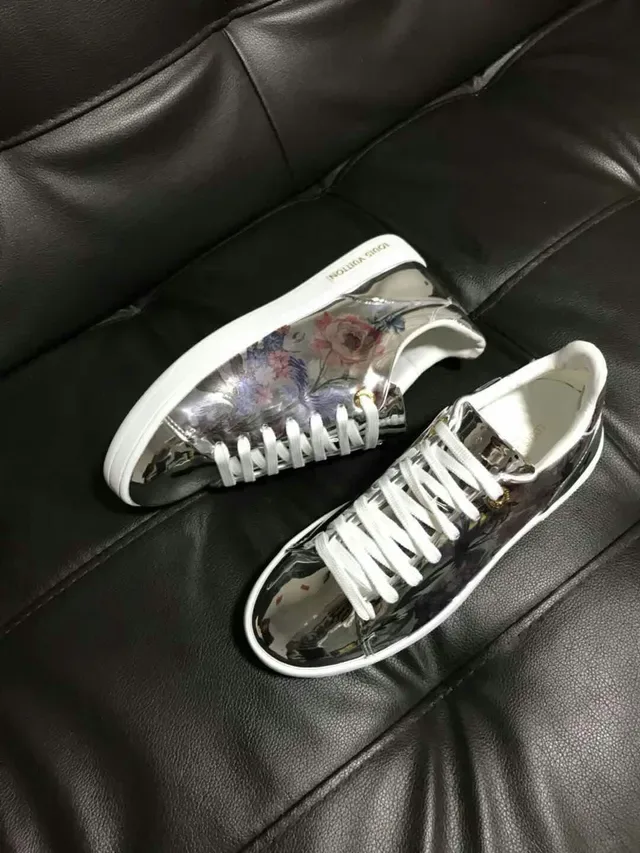 Louis Vuitton LV Trainer Silver Multicolor Metallic Patent Upper Floral Print Overlay Lifestyle Sneakers 1