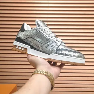 Louis Vuitton LV Trainer Silver White Metallic Crackle Leather Midsole Lifestyle Sneakers