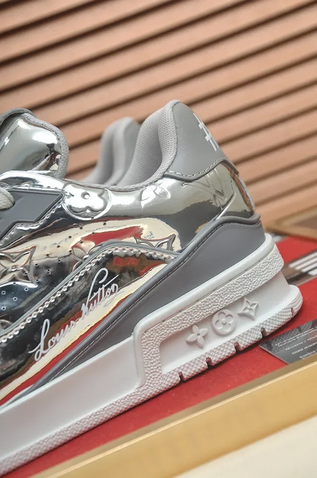 لويس فتون LV Trainer أعلى فضي أبيض معدني كعب سميك طبقي أحذية نمط حياة 2