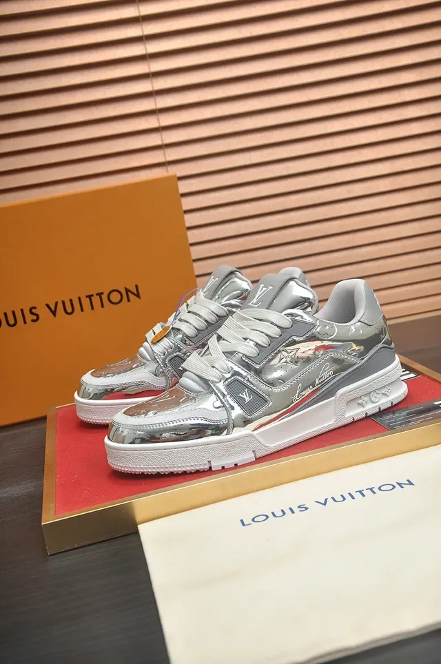 لويس فتون LV Trainer أعلى فضي أبيض معدني كعب سميك طبقي أحذية نمط حياة 4