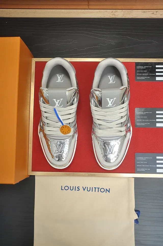 لويس فتون LV Trainer أعلى فضي أبيض معدني كعب سميك طبقي أحذية نمط حياة 5