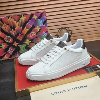 Louis Vuitton LV Trainer Blancos y Marrones Cuero Superior Monograma Embossado Paneles Laterales Zapatos Lifestyle