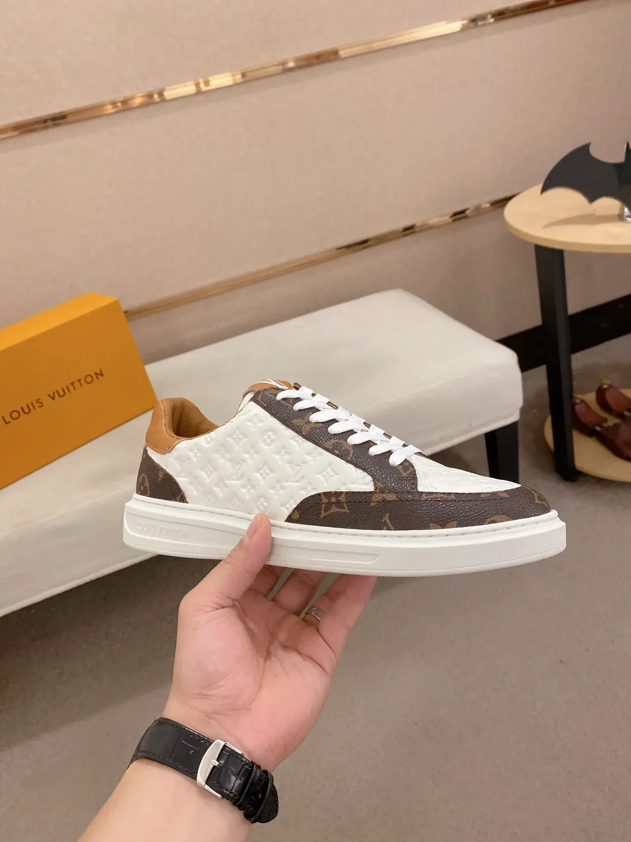 Louis Vuitton LV Trainer White Brown Monogram Canvas And Embossed Leather Paneling Lifestyle Sneakers 4