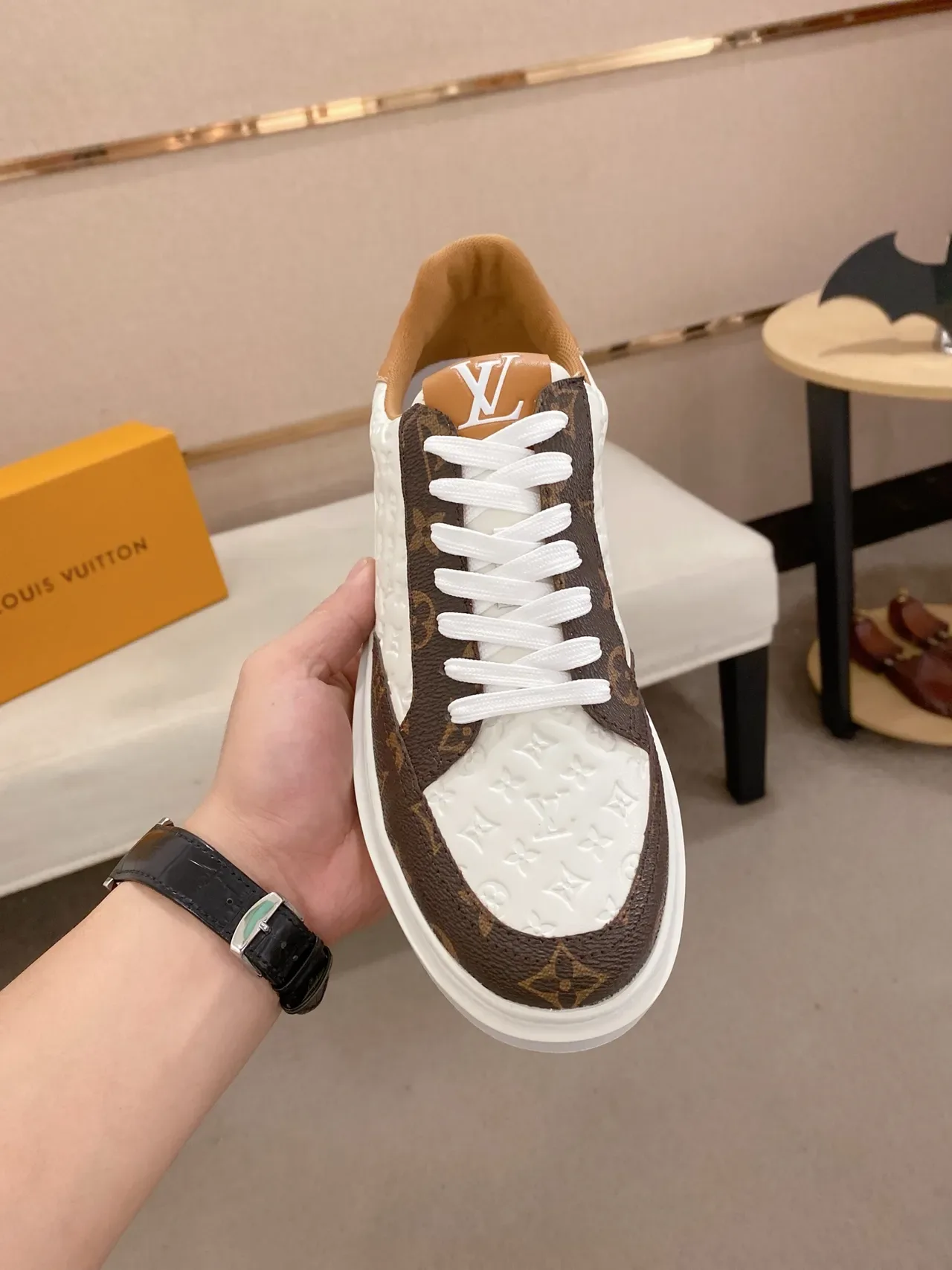 Louis Vuitton LV Trainer White Brown Monogram Canvas And Embossed Leather Paneling Lifestyle Sneakers 5