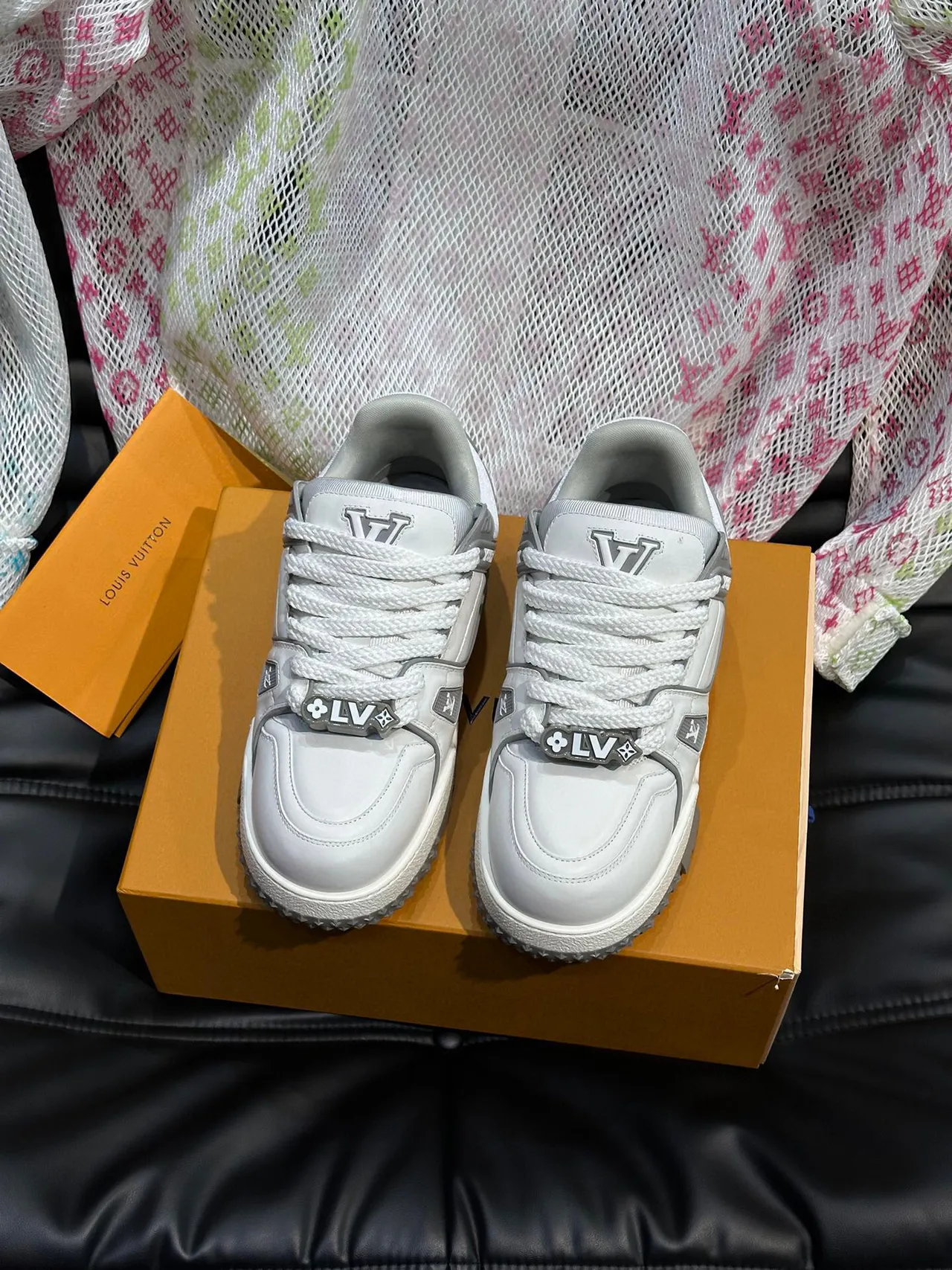 Louis Vuitton LV Trainer White Gray Layered Cage Construction Dual Strap Closure Lifestyle Sneakers 3