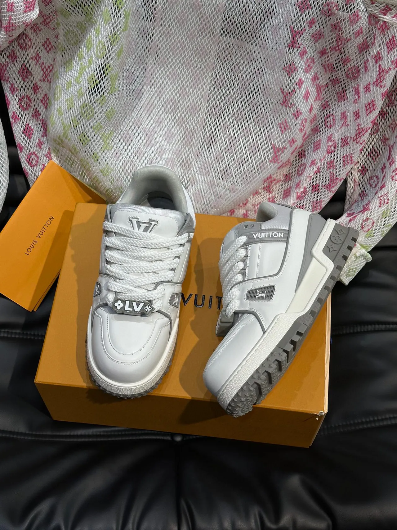 Louis Vuitton LV Trainer White Gray Layered Cage Construction Dual Strap Closure Lifestyle Sneakers 4