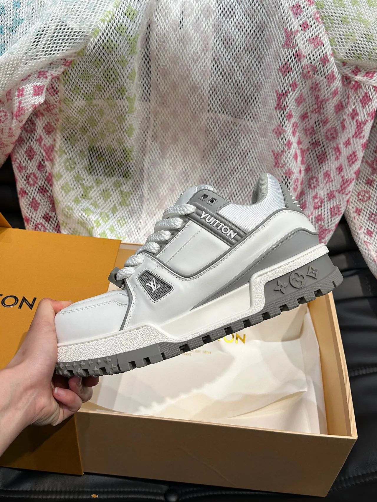 Louis Vuitton LV Trainer White Gray Layered Cage Construction Dual Strap Closure Lifestyle Sneakers 6