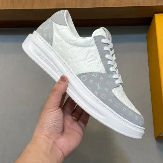 Louis Vuitton LV Trainer White Gray Monogram-Embossed Leather Layered Panel Construction Lifestyle Sneakers