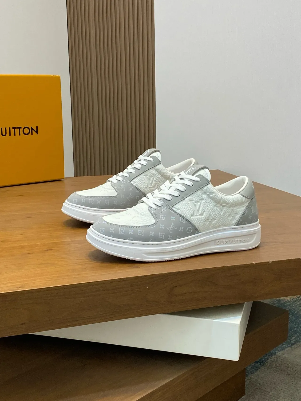 Louis Vuitton LV Trainer White Gray Monogram-Embossed Leather Layered Panel Construction Lifestyle Sneakers 4