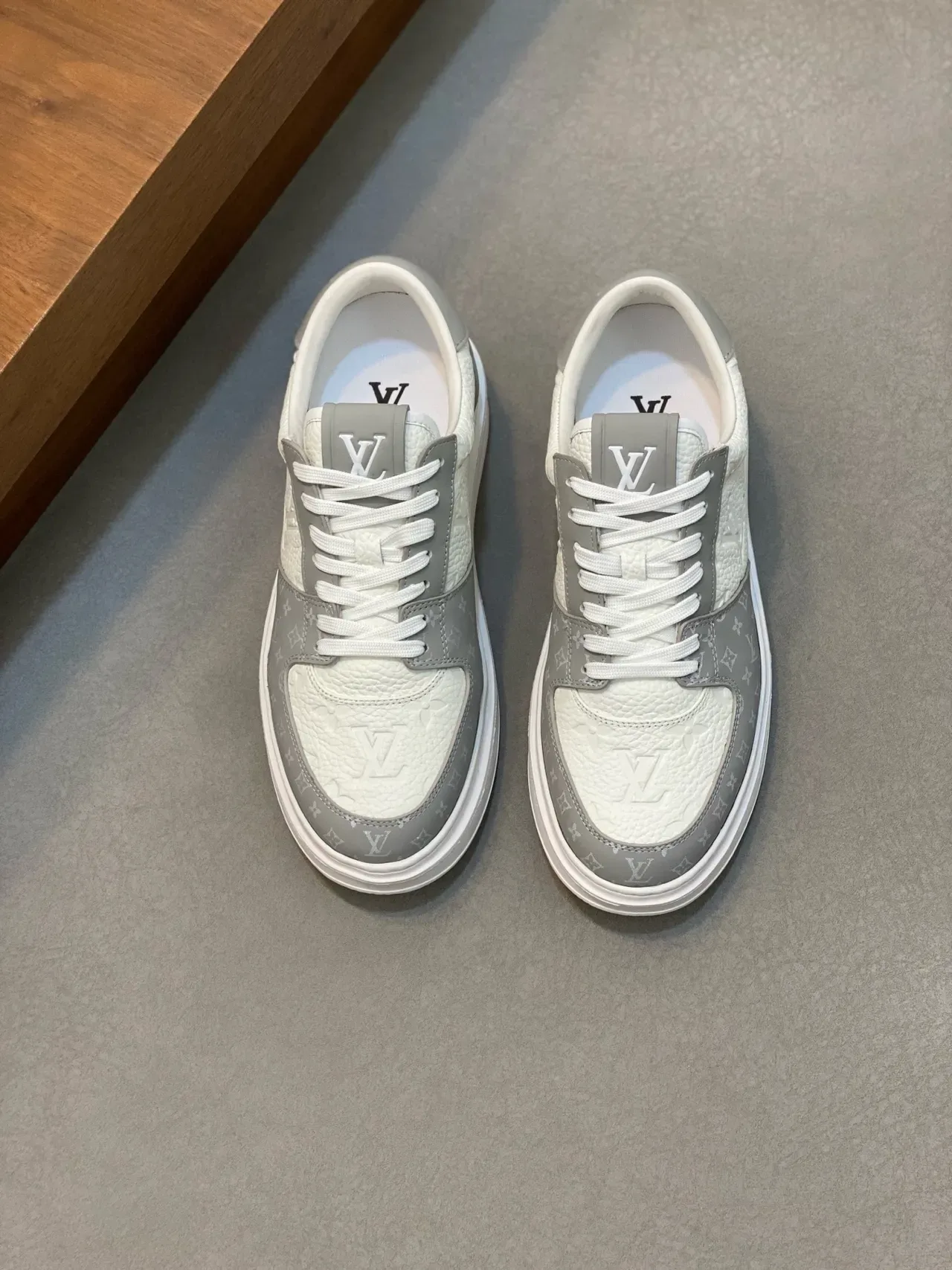 Louis Vuitton LV Trainer White Gray Monogram-Embossed Leather Layered Panel Construction Lifestyle Sneakers 5