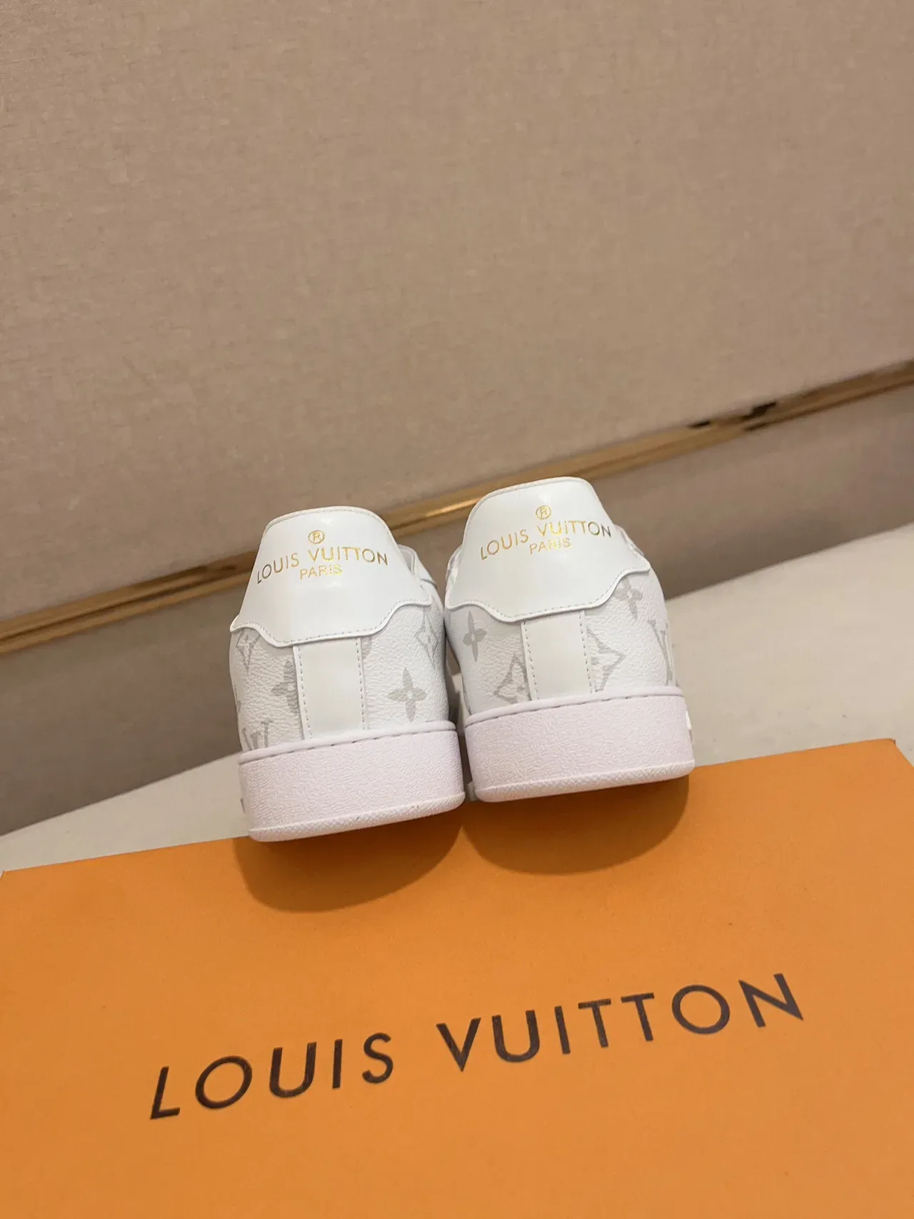 Louis Vuitton LV Trainer Sneakers Blanc et Gris avec Cap de Doigt Texturé Imprimé Monogramme Lifestyle Sneakers 3