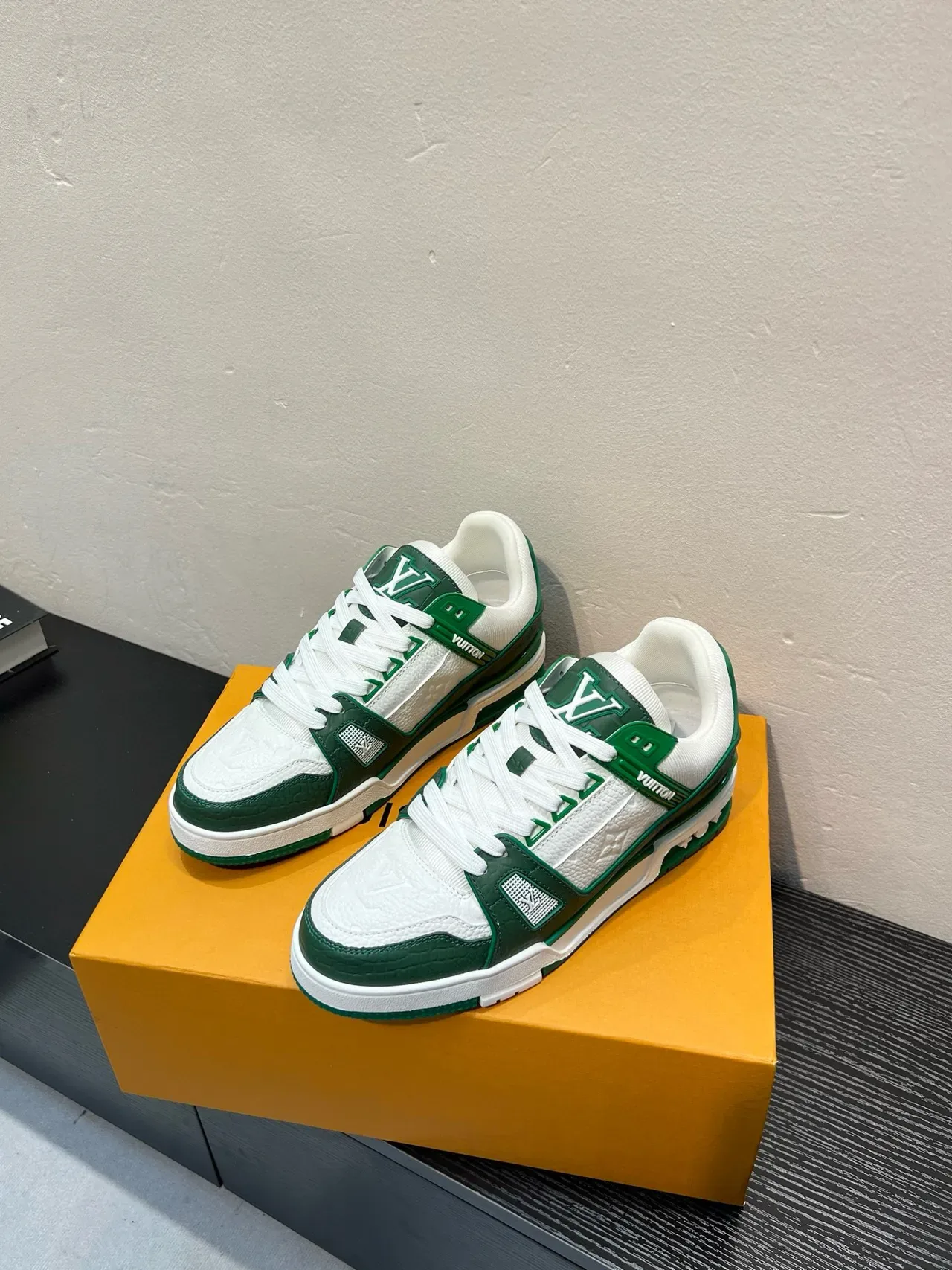 Louis Vuitton LV Trainer White Green Monogram Leather Accent Strap Lifestyle Sneakers 3