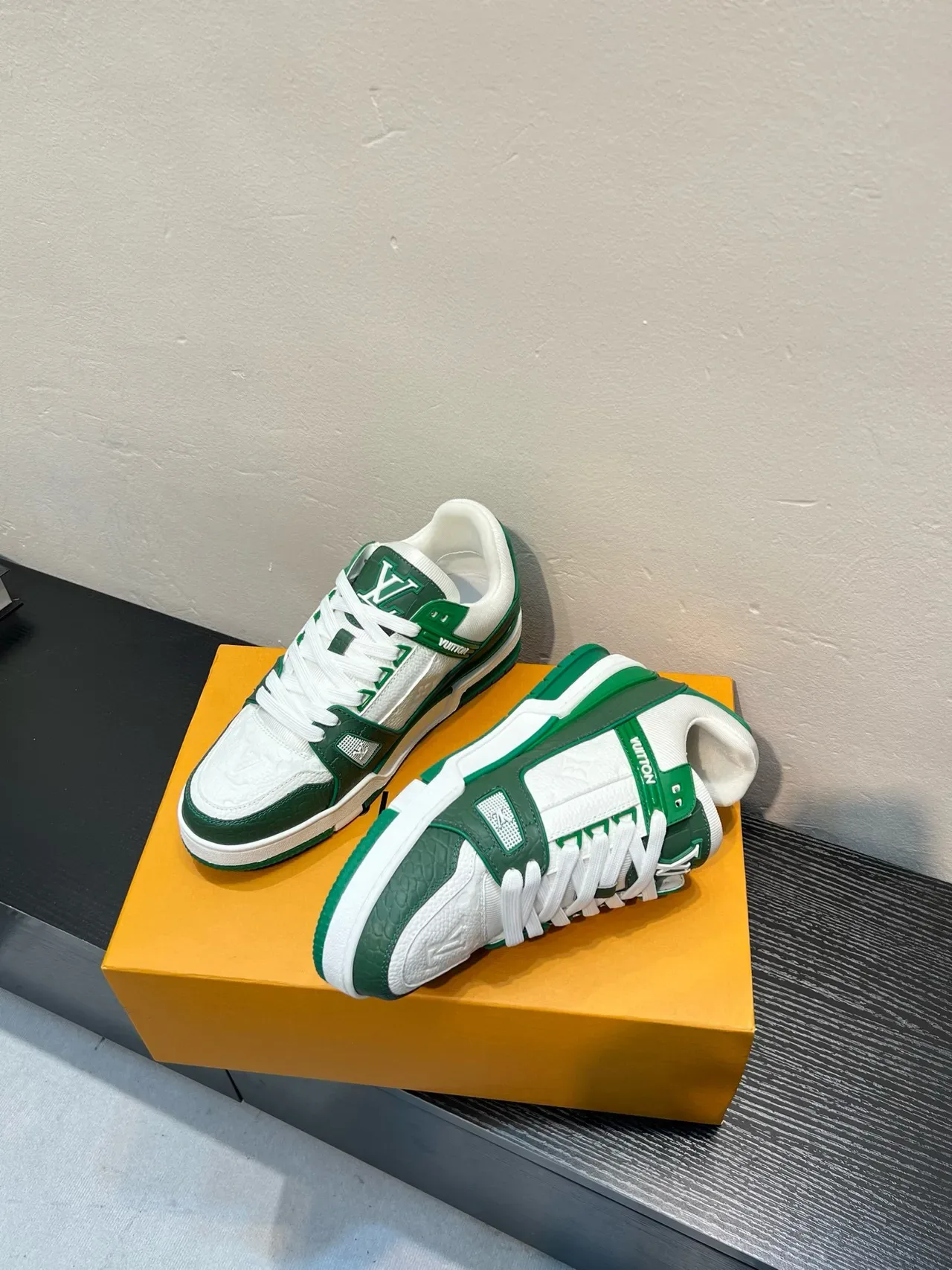 Louis Vuitton LV Trainer White Green Monogram Leather Accent Strap Lifestyle Sneakers 4