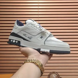 Louis Vuitton LV Trainer White Navy Leather-Paneled Script-Accented Lifestyle Sneakers