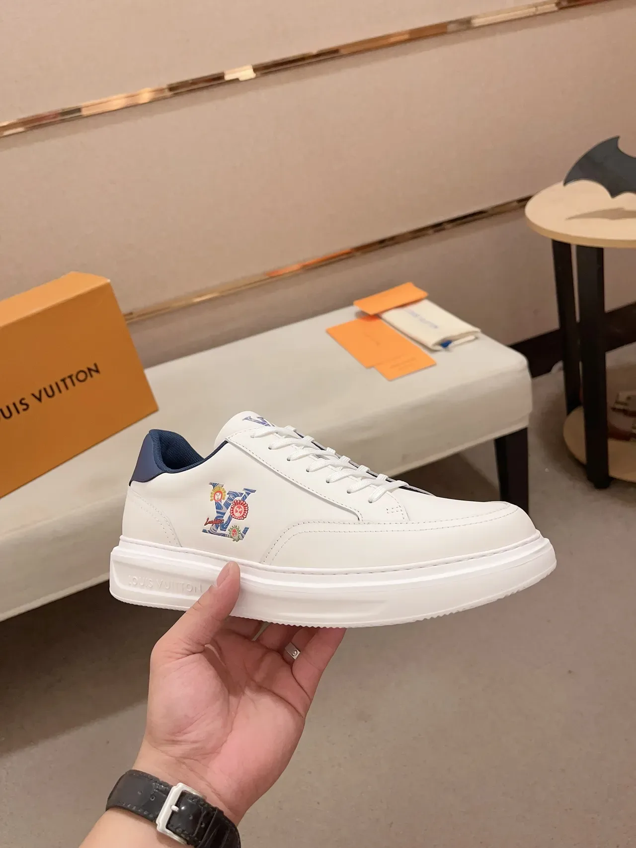 Louis Vuitton LV Trainer White Navy Leather Upper Embroidered Floral Motif Lifestyle Sneakers 5